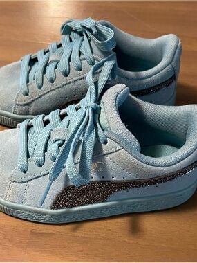 Puma Kids Light Blue Suede Sneakers with Black Glitter Formstrip